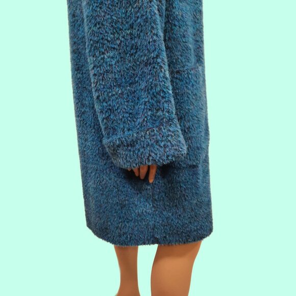 Vintage 80s Wool Mohair Alpaca Coat Fluffy Shaggy Vibrant Blue Mid Length Size M - Picture 4 of 11